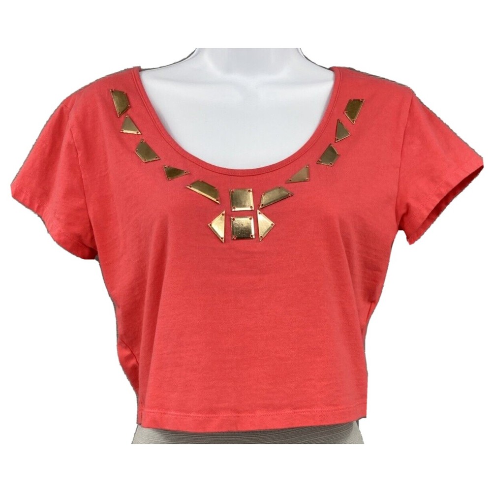 Bongo Crop Top Short Sleeve Scoop Neck Criss Cross Back Embellished Juniors XL